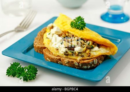 Soybean omelet with fresh cheese. Recipe available. Stock Photo