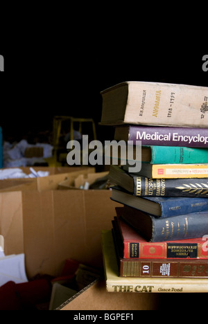 Books to be recycled at the collection point of the paper recycling company Voutselas in Renti industrial area, Athens, Greece. Stock Photo