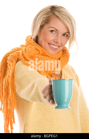 Woman with mug of hot beverage Stock Photo
