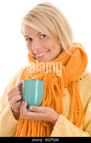 Woman holding mug with hot beverage isolated on white background Stock Photo