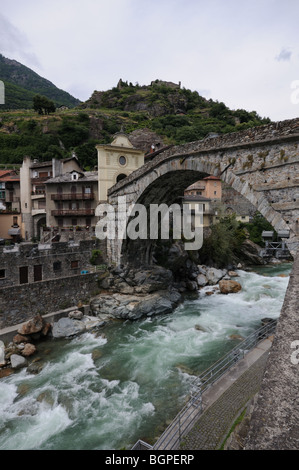 Roman bridge over torrente Lys Pont St Martin Aosta Valley Italy Stock Photo