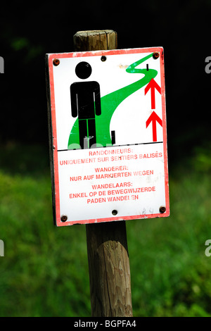 Warning sign for walkers in the nature reserve High Fens / Hautes Fagnes, Belgian Ardennes, Belgium Stock Photo