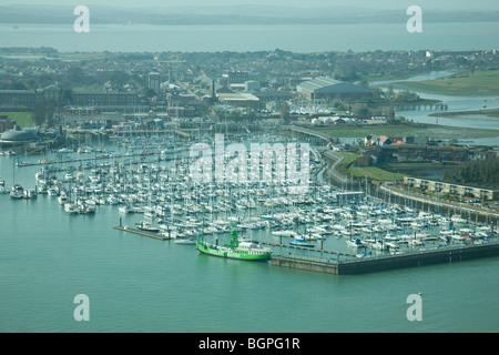 View from the Spinnaker Tower across Portsmouth Harbour to Haslar Marina, Gosport and the Isle of Wight beyond, Portsmouth. Stock Photo