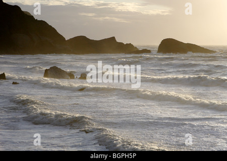 Evening glow over Welcombe mouth beach on devon cornwall border Stock Photo