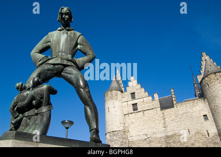 The Lange Wapper statue at the entrance of the castle The Steen on the border of the river Scheldt, Antwerp, Belgium, Europe Stock Photo