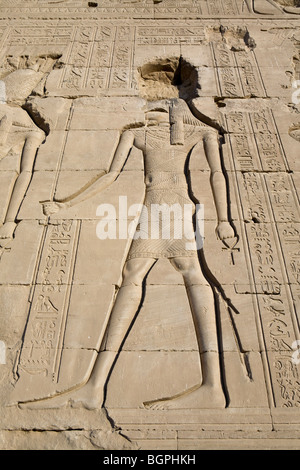 Relief on outer wall of the Ptolemaic Temple of Hathor at Dendera, North of Luxor, Nile Valley, Egypt Stock Photo