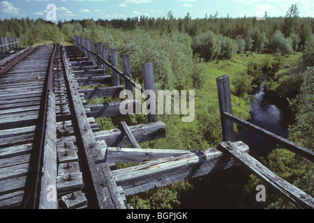 Ground level view of the deserted Stalin era gulag buildings from the Salekhard Igarka Railway in northern Siberia. Stock Photo