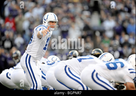 Indianapolis Colts' Peyton Manning (18) holds the Vince Lombardi Trophy  after the Colts' 29-17 …