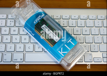 Crucial memory upgrade kit for iMac (2010) two 2GB DIMMs for 27 inch iMac i7 shown on Mac keyboard in original packing Stock Photo