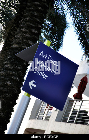 'Art Deco Welcome Center' sign, Miami Beach, Florida, USA Stock Photo