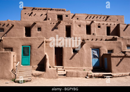 Multi-storied adobe buildings at Taos Pueblo, New Mexico, USA Stock Photo