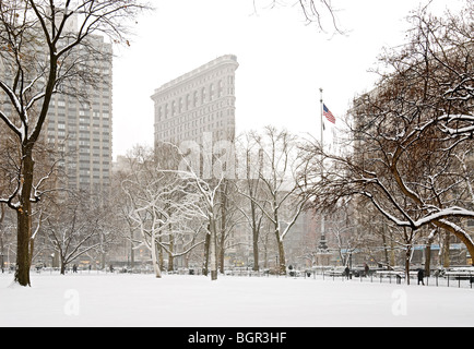 Flatiron Building Madison Square Park Winter Snowstorm Stock Photo