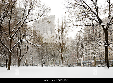 Flatiron Building Madison Square Park Winter Snowstorm Stock Photo