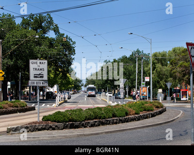 A tram approaching Albert Park Village in South Melbourne Stock Photo