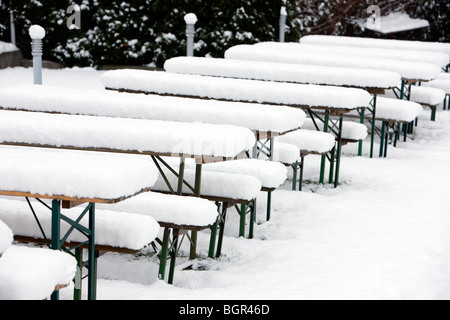 snowy benches, beer garden, Essen, NRW, Germany Stock Photo