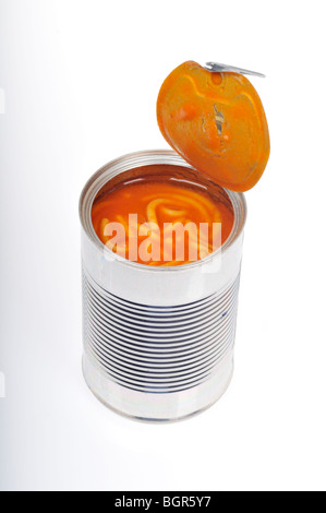 An open can of spaghetti & tomato sauce on white background cut out. Stock Photo