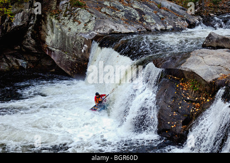 Kayaker Going Over Baby Falls in Bald River Gorge Wilderness in Cherokee National Forest in Monroe County, Tennessee Stock Photo