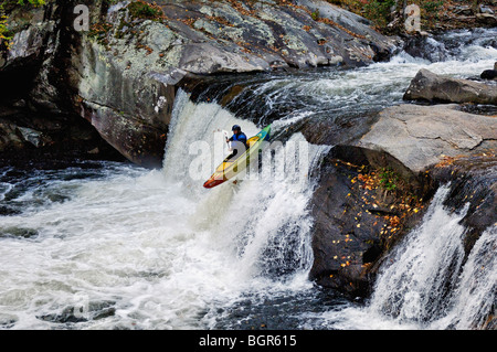 Kayaker Going Over Baby Falls in Bald River Gorge Wilderness in Cherokee National Forest in Monroe County, Tennessee Stock Photo