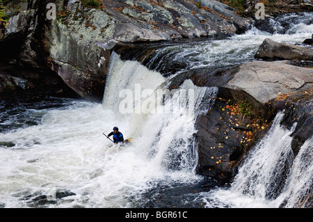 Kayaker Going Over Baby Falls in Bald River Gorge Wilderness in Cherokee National Forest in Monroe County, Tennessee Stock Photo