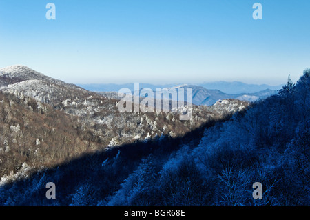 View of Snow on the Mountains from the Cherohala Skyway in the Nantahala National Forest in Graham County, North Carolina Stock Photo