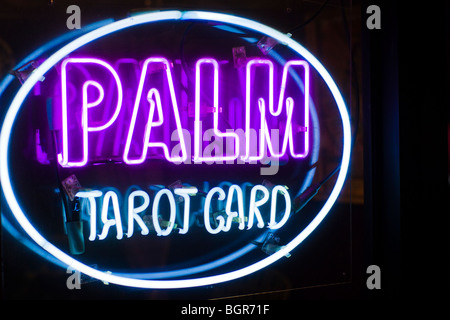 Neon sign for palm and tarot card readings. Stock Photo