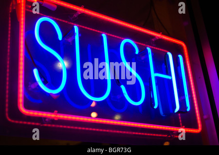 Neon sign for sushi. Stock Photo