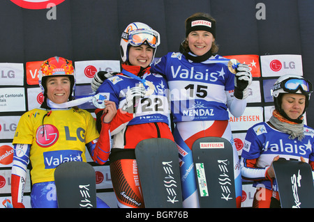 Ladies snowboard parallel giant world cup podium Stock Photo