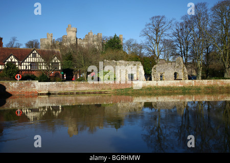 View of Blackfriars, remains of a Dominican Priory and Arundel Castle from across the River Arun Stock Photo