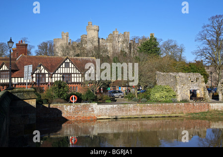 View of Blackfriars, remains of a Dominican Priory and Arundel Castle from across the River Arun at Arundel Stock Photo