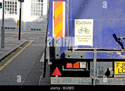 Cyclists warning sign on back of lorry, London Stock Photo