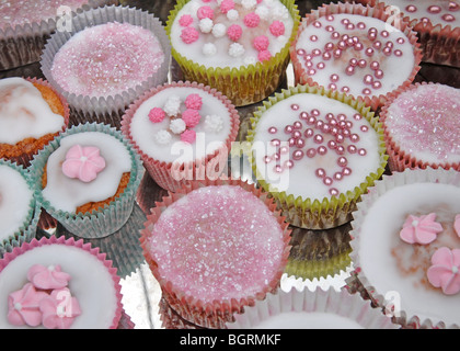 A selection of decorated cup cakes on a silver background