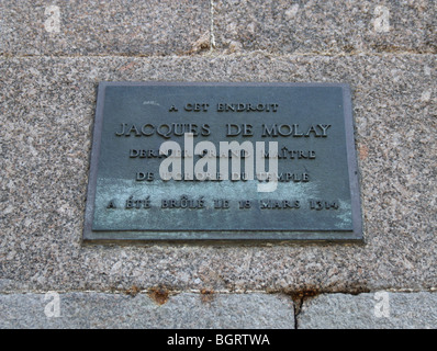Plaque commemorating the place where Jacques de Molay was burnt. Park of Vert Galant. Paris. France Stock Photo