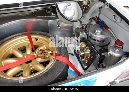 spare wheel and specialised equipment in boot of Ford Escort Mk II BDA at 2009 Paradigit-ELE rally, Netherlands Stock Photo