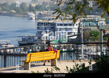 ASWAN, EGYPT. Looking out along the Nile from Ferial Gardens. Stock Photo
