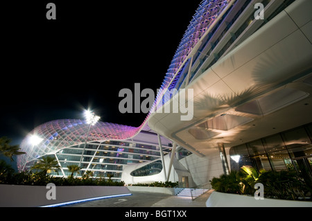 Evening shot of an illuminated Yas Viceroy Hotel at the Yas Island Formula One race track in, Abu Dhabi, UAE Stock Photo