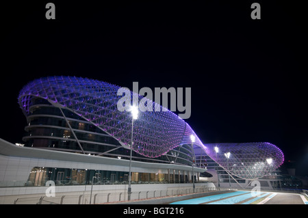 Evening shot of an illuminated Yas Viceroy Hotel at the Yas Island Formula One race track in, Abu Dhabi, UAE Stock Photo