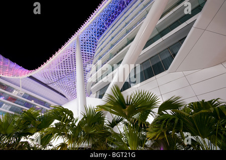 Evening shot of an illuminated Yas Viceroy Hotel at the Yas Island Formula One race track in, Abu Dhabi, UAE Stock Photo