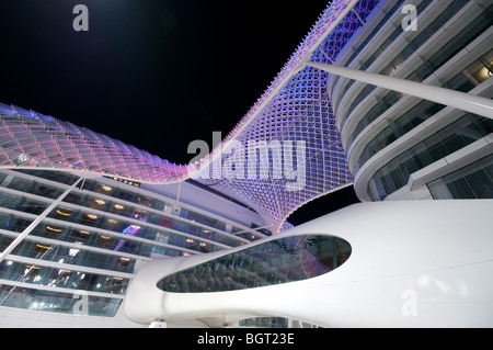 Evening shot of an illuminated Yas Viceroy Hotel at the Yas Island Formula One race track in, Abu Dhabi, UAE Stock Photo