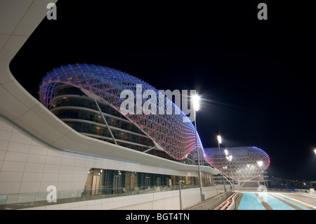 Evening shot of an illuminated Yas Viceroy Hotel at the Yas Island Formula One race track in, Abu Dhabi, UAE Stock Photo