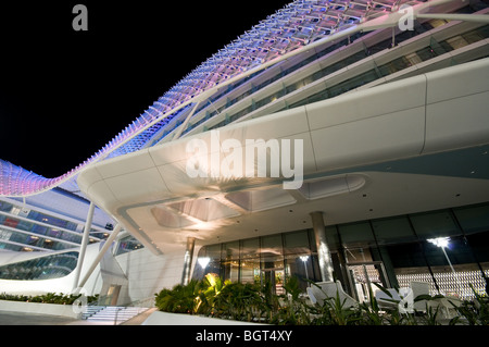 Evening shot of an illuminated Yas Viceroy Hotel at the Yas Island Formula One race track in, Abu Dhabi, UAE Stock Photo