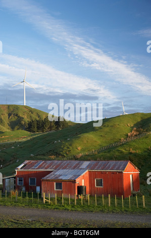 Farm Shed and Te Apiti Wind Farm, Ruahine Ranges, Manawatu, North Island, New Zealand Stock Photo