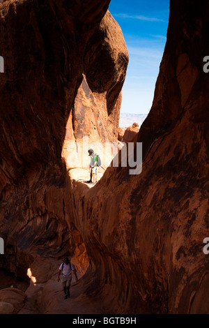 Double O Arch in the Devils Garden section of Arches National Park, Utah, USA Stock Photo