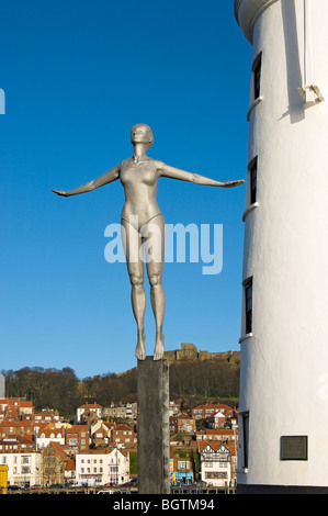 The Diving Belle sculpture next to Scarborough Lighthouse Vincent Pier North Yorkshire England UK United Kingdom GB Great Britain Stock Photo