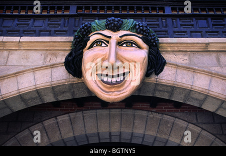 The symbol of Potosi, a smiling Bacchus face. TheRoyal Mint (Casa de la Moneda), Potosi, Bolivia. Stock Photo