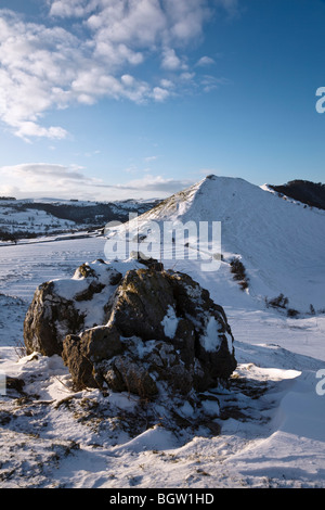 Snow in Dovedale - a view of Thorpe Cloud from Hamston Hill, Peak District National Park, Derbyshire Stock Photo