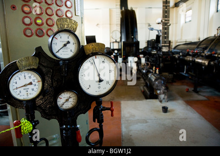 Pressure gauges on the steam winding engine – used to raise the lift cage – at Louisa coal mine museum. Zabrze, Silesia. Poland. Stock Photo