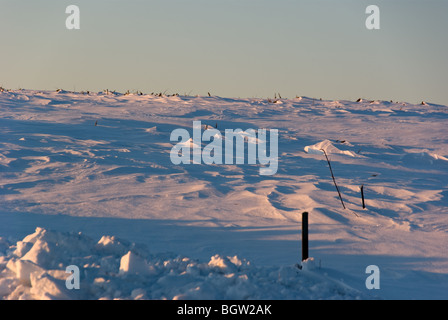 A snow-covered field at sundown, turned pink and blue, throwing the snowdrifts into relief Stock Photo