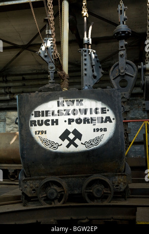 Hammer and Pick logo / symbol painted on a mine car buggy at Louisa coal mine museum. Zabrze, Silesia. Poland. Stock Photo