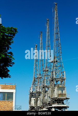 A view of preserved Stothert & Pitt Cargo Cranes outside the M shed museum in Bristol docks on a very bright sunny day. Stock Photo