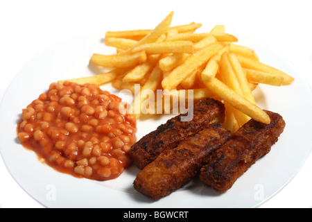 A typical English fast-food meal of fish fingers, beans and chips (french fries) side view Stock Photo